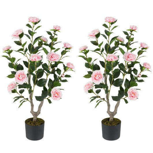Costway 36 Inch Artificial Camellia Tree with Blooming Flower 2 Pack-Pink LuxuryLifeWay Online Store