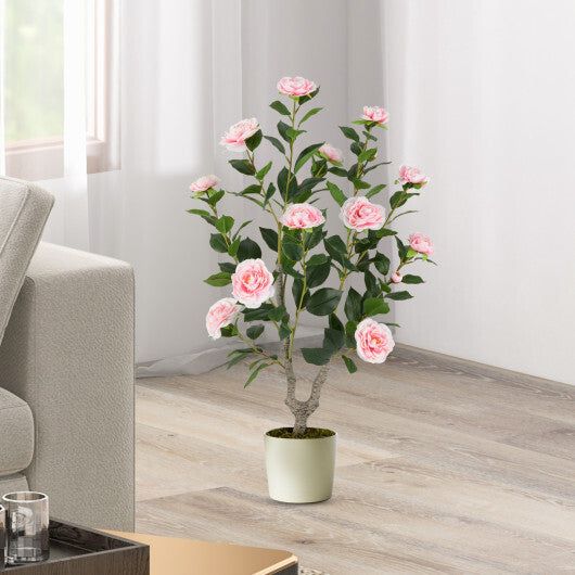 Costway 36 Inch Artificial Camellia Tree with Blooming Flower 2 Pack-Pink LuxuryLifeWay Online Store