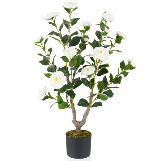 Costway 36 Inch Artificial Camellia Tree with Blooming Flower 1 Pack-White LuxuryLifeWay Online Store