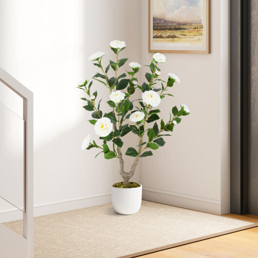 Costway 36 Inch Artificial Camellia Tree with Blooming Flower 1 Pack-White LuxuryLifeWay Online Store