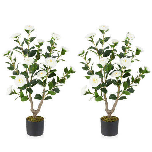 Costway 36 Inch Artificial Camellia Tree with Blooming Flower 2 Pack-White LuxuryLifeWay Online Store
