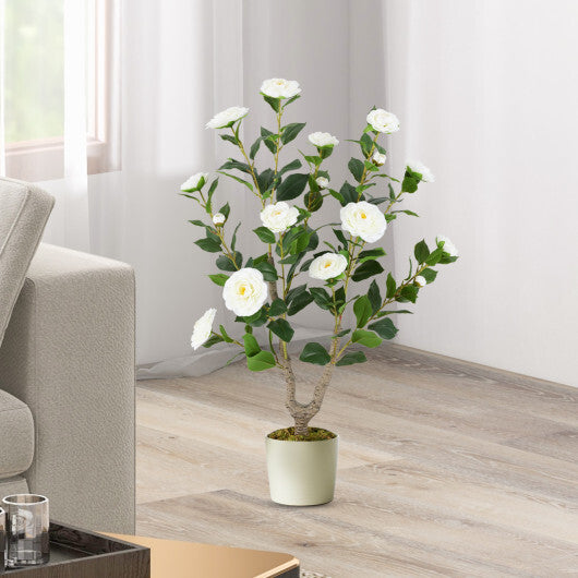 Costway 36 Inch Artificial Camellia Tree with Blooming Flower 2 Pack-White LuxuryLifeWay Online Store