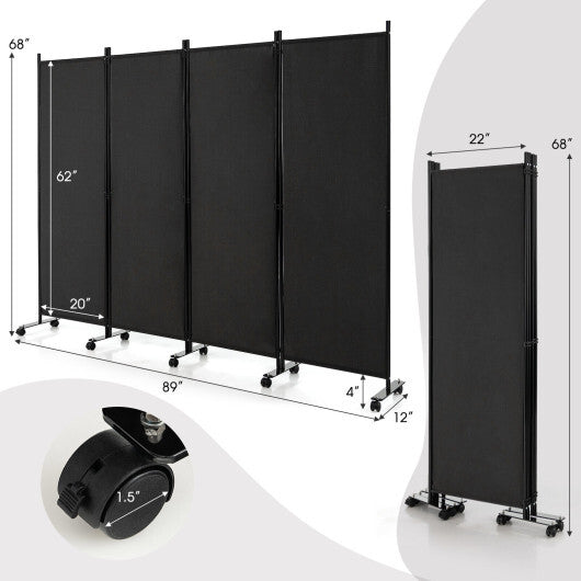 Costway 4-Panel Folding Room Divider 6 Feet Rolling Privacy Screen with Lockable Wheels-Black LuxuryLifeWay Online Store