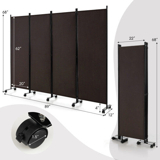 Costway 4-Panel Folding Room Divider 6 Feet Rolling Privacy Screen with Lockable Wheels-Brown LuxuryLifeWay Online Store