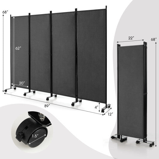 Costway 4-Panel Folding Room Divider 6 Feet Rolling Privacy Screen with Lockable Wheels-Gray LuxuryLifeWay Online Store