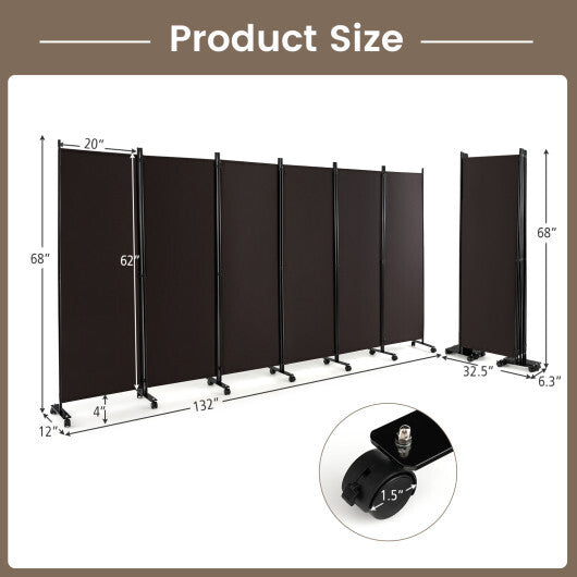 Costway 6 Panel 5.7 Feet Tall Rolling Room Divider on Wheels-Brown LuxuryLifeWay Online Store