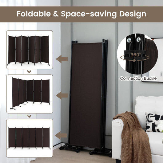 Costway 6 Panel 5.7 Feet Tall Rolling Room Divider on Wheels-Brown LuxuryLifeWay Online Store
