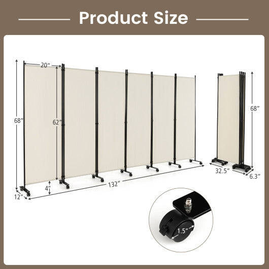 Costway 6 Panel 5.7 Feet Tall Rolling Room Divider on Wheels-White LuxuryLifeWay Online Store