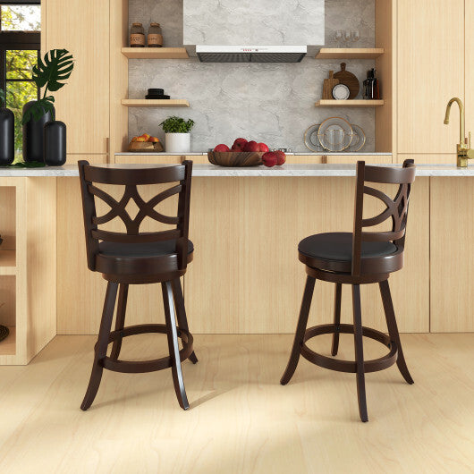 Costway Set of 2 Bar Chairs 360? Swivel with Leather Cushioned Seat and Rubber Wood Frame-24 inch LuxuryLifeWay Online Store