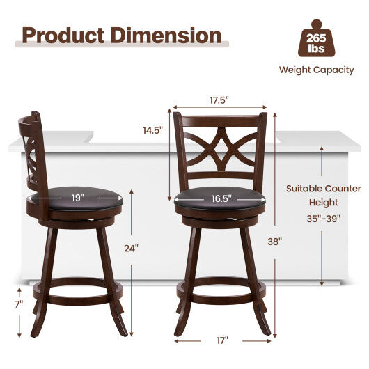 Costway Set of 2 Bar Chairs 360? Swivel with Leather Cushioned Seat and Rubber Wood Frame-24 inch LuxuryLifeWay Online Store