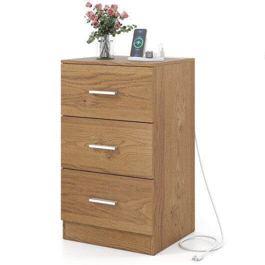 Costway Nightstand with Charging Station End Table with 3 Storage Drawers Bedside Table for Bedroom-Natural LuxuryLifeWay Online Store