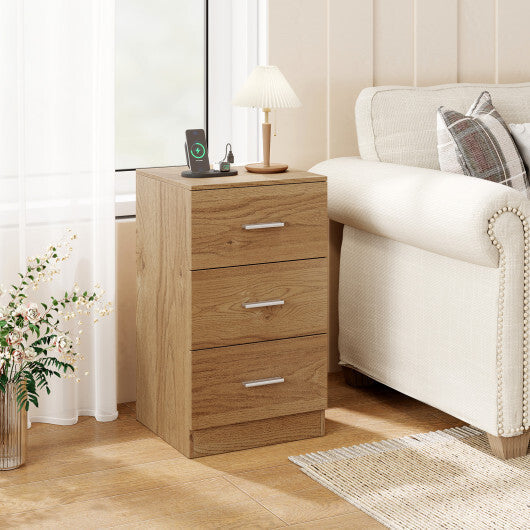 Costway Nightstand with Charging Station End Table with 3 Storage Drawers Bedside Table for Bedroom-Natural LuxuryLifeWay Online Store