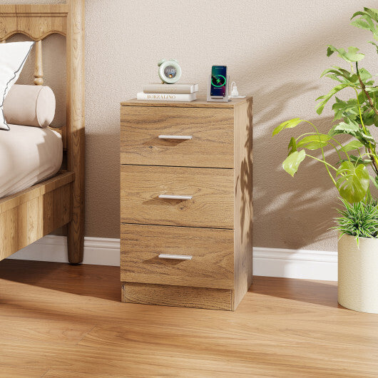 Costway Nightstand with Charging Station End Table with 3 Storage Drawers Bedside Table for Bedroom-Natural LuxuryLifeWay Online Store