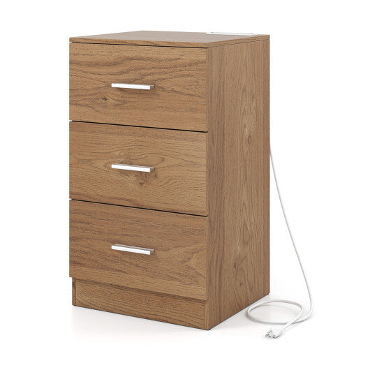 Costway Nightstand with Charging Station End Table with 3 Storage Drawers Bedside Table for Bedroom-Natural LuxuryLifeWay Online Store