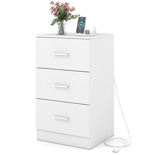Costway Nightstand with Charging Station End Table with 3 Storage Drawers Bedside Table for Bedroom-White LuxuryLifeWay Online Store