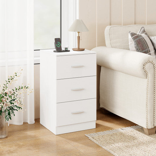 Costway Nightstand with Charging Station End Table with 3 Storage Drawers Bedside Table for Bedroom-White LuxuryLifeWay Online Store