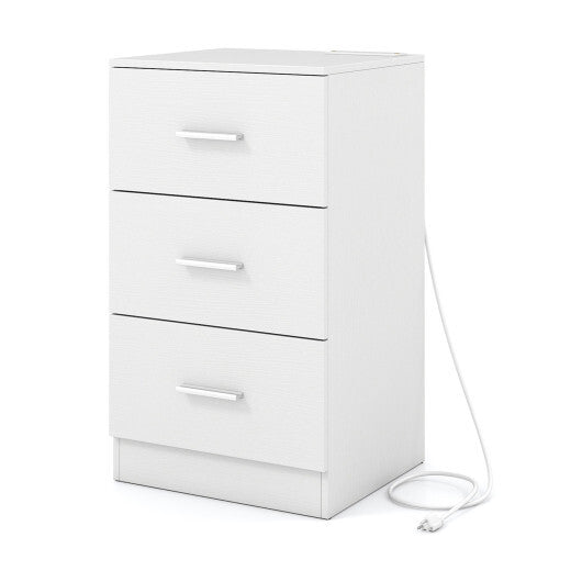 Costway Nightstand with Charging Station End Table with 3 Storage Drawers Bedside Table for Bedroom-White LuxuryLifeWay Online Store