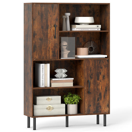 Costway 47 Inch Storage Cabinet Freestanding Bookcase with 2 Doors and 4 Open Shelves-Rustic Brown LuxuryLifeWay Online Store
