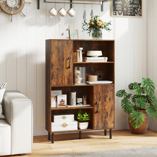 Costway 47 Inch Storage Cabinet Freestanding Bookcase with 2 Doors and 4 Open Shelves-Rustic Brown LuxuryLifeWay Online Store