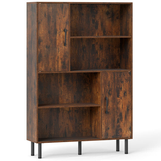 Costway 47 Inch Storage Cabinet Freestanding Bookcase with 2 Doors and 4 Open Shelves-Rustic Brown LuxuryLifeWay Online Store