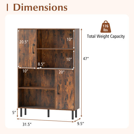 Costway 47 Inch Storage Cabinet Freestanding Bookcase with 2 Doors and 4 Open Shelves-Rustic Brown LuxuryLifeWay Online Store