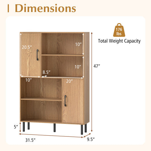Costway 47 Inch Storage Cabinet Freestanding Bookcase with 2 Doors and 4 Open Shelves-Natural LuxuryLifeWay Online Store