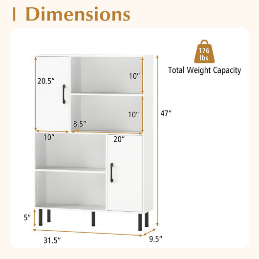 Costway 47 Inch Storage Cabinet Freestanding Bookcase with 2 Doors and 4 Open Shelves-White LuxuryLifeWay Online Store