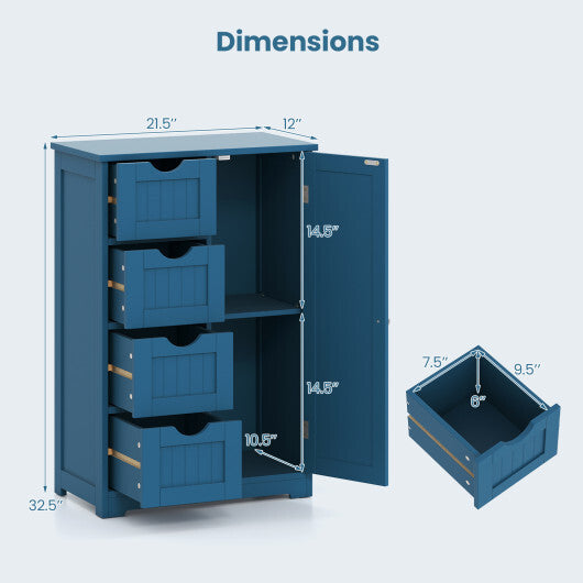 Costway Free-Standing Wooden Cabinet with 4 Drawers and Door Cabinet-Blue LuxuryLifeWay Online Store