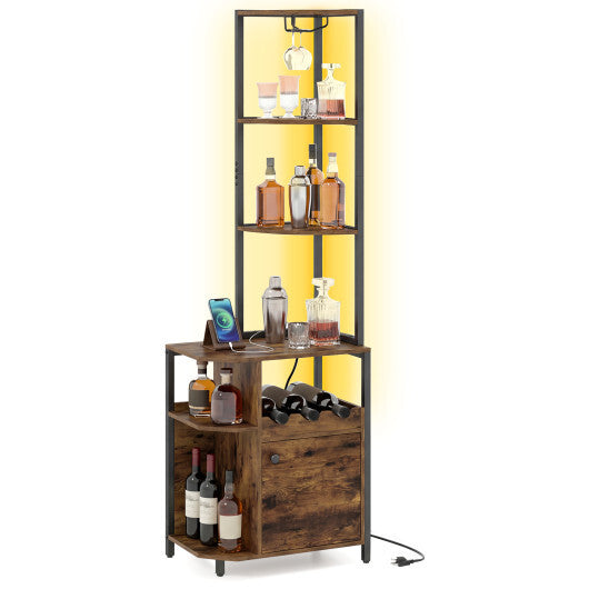 Costway 6-Tier Corner Bar Cabinet with LED Lights and Charging Station for Kitchen-Rustic Brown LuxuryLifeWay Online Store