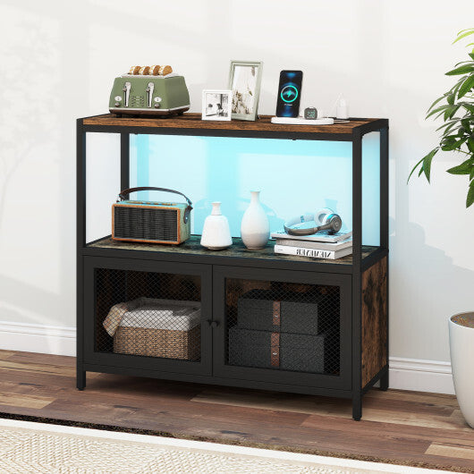 Costway Industrial Coffee Bar Cabinet with LED Lights and Charging Station-Rustic Brown LuxuryLifeWay Online Store
