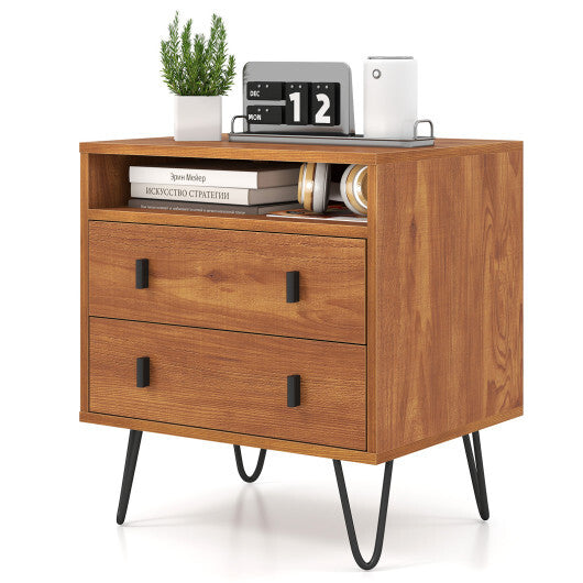 Costway Mid Century Modern 2-Drawer Nightstand with Storage Compartment-Walnut LuxuryLifeWay Online Store