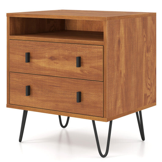 Costway Mid Century Modern 2-Drawer Nightstand with Storage Compartment-Walnut