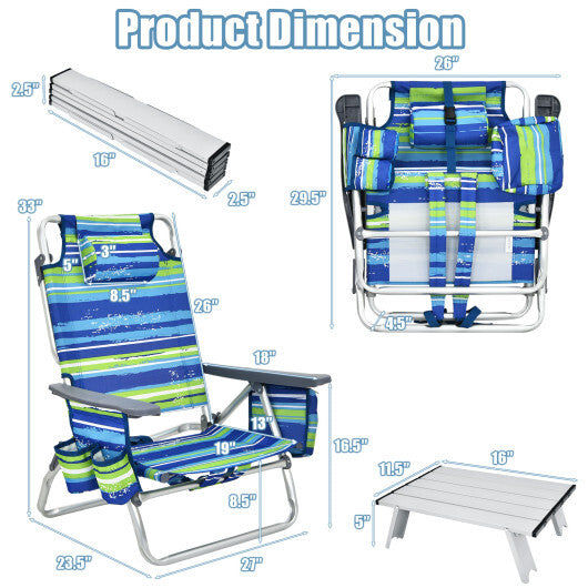 Costway 2 Packs 5-Position Outdoor Folding Backpack Beach Table Chair Reclining Chair Set-Blue LuxuryLifeWay Online Store
