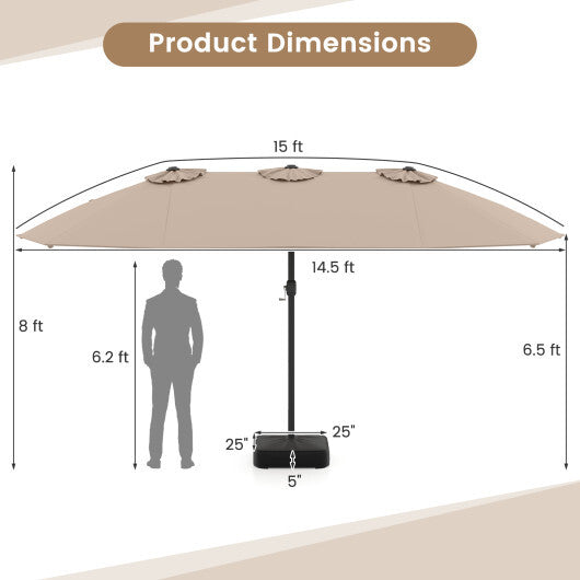Costway 15 Feet Double-Sided Twin Patio Umbrella with Crank and Base-Brown LuxuryLifeWay Online Store