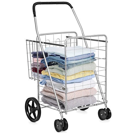 Costway Folding Shopping Cart for Laundry with Swiveling Wheels and Dual Storage Baskets-Sliver LuxuryLifeWay Online Store