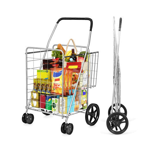 Costway Folding Shopping Cart for Laundry with Swiveling Wheels and Dual Storage Baskets-Sliver LuxuryLifeWay Online Store
