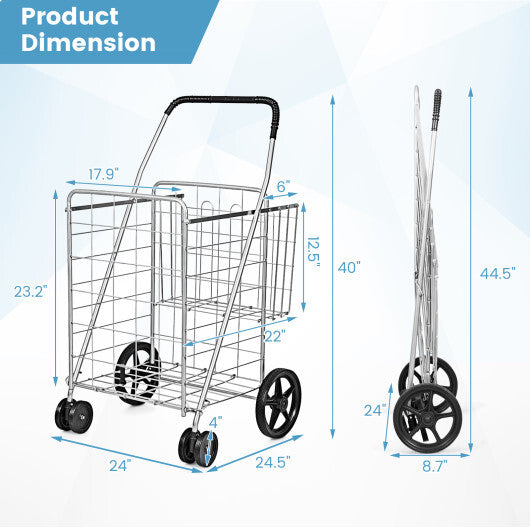 Costway Folding Shopping Cart for Laundry with Swiveling Wheels and Dual Storage Baskets-Sliver LuxuryLifeWay Online Store