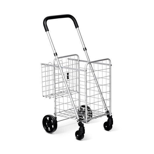 Costway Folding Shopping Cart Basket Rolling Trolley with Adjustable Handle-Silver LuxuryLifeWay Online Store