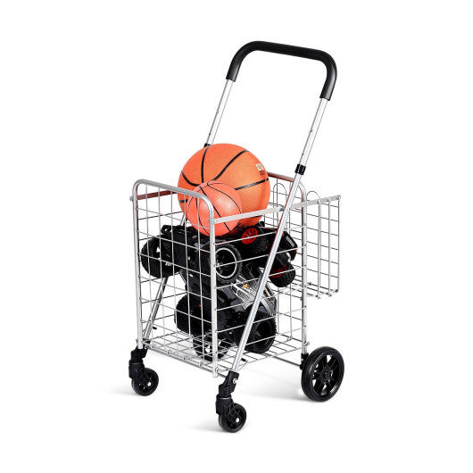 Costway Folding Shopping Cart Basket Rolling Trolley with Adjustable Handle-Silver LuxuryLifeWay Online Store