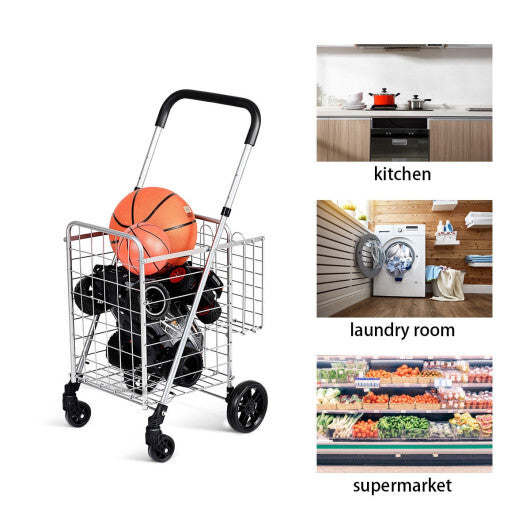 Costway Folding Shopping Cart Basket Rolling Trolley with Adjustable Handle-Silver LuxuryLifeWay Online Store