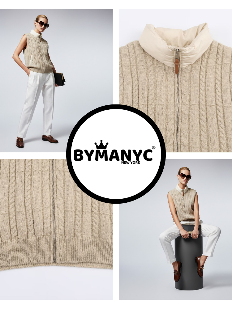Cable-Knit Vest with Nylon Stand-Up Collar • BYMANYC ® New York LuxuryLifeWay Online Store