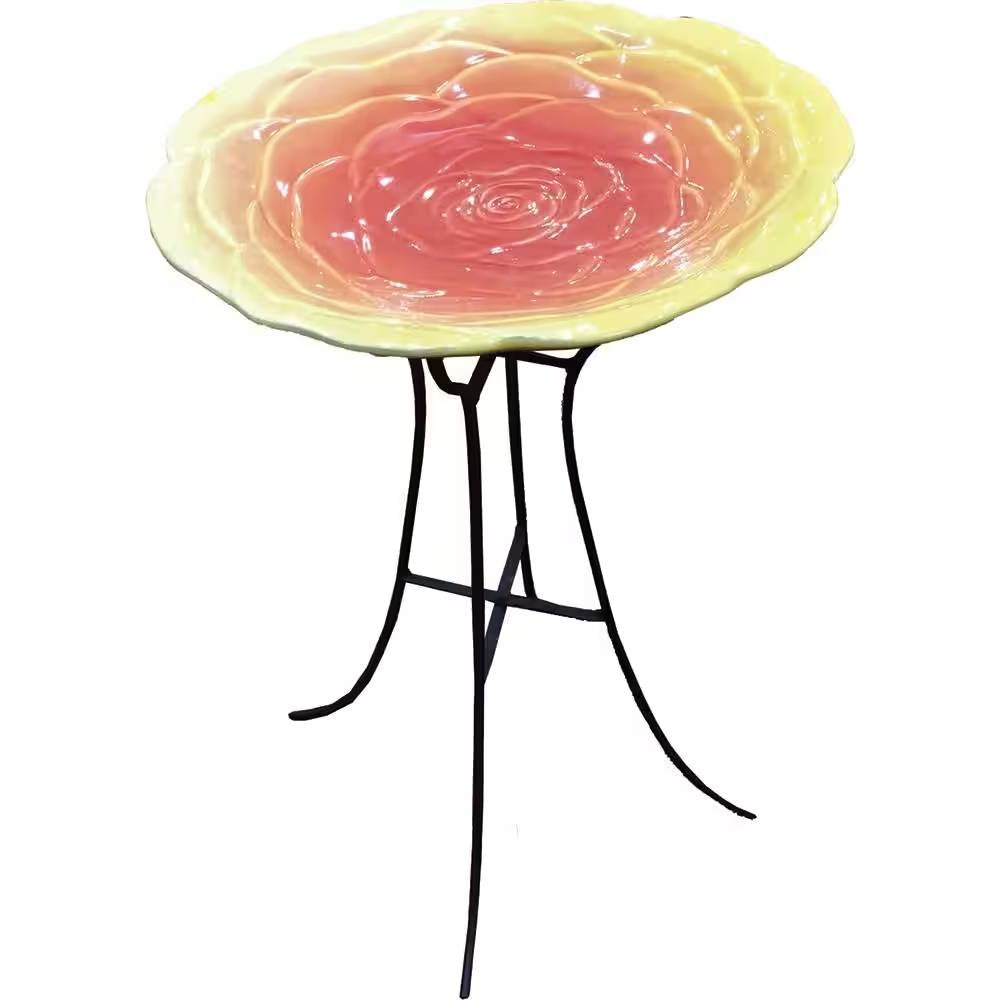Outdoor Yellow Pink Ceramic Floral Birdbath with Metal Stand LuxuryLifeWay Online Store