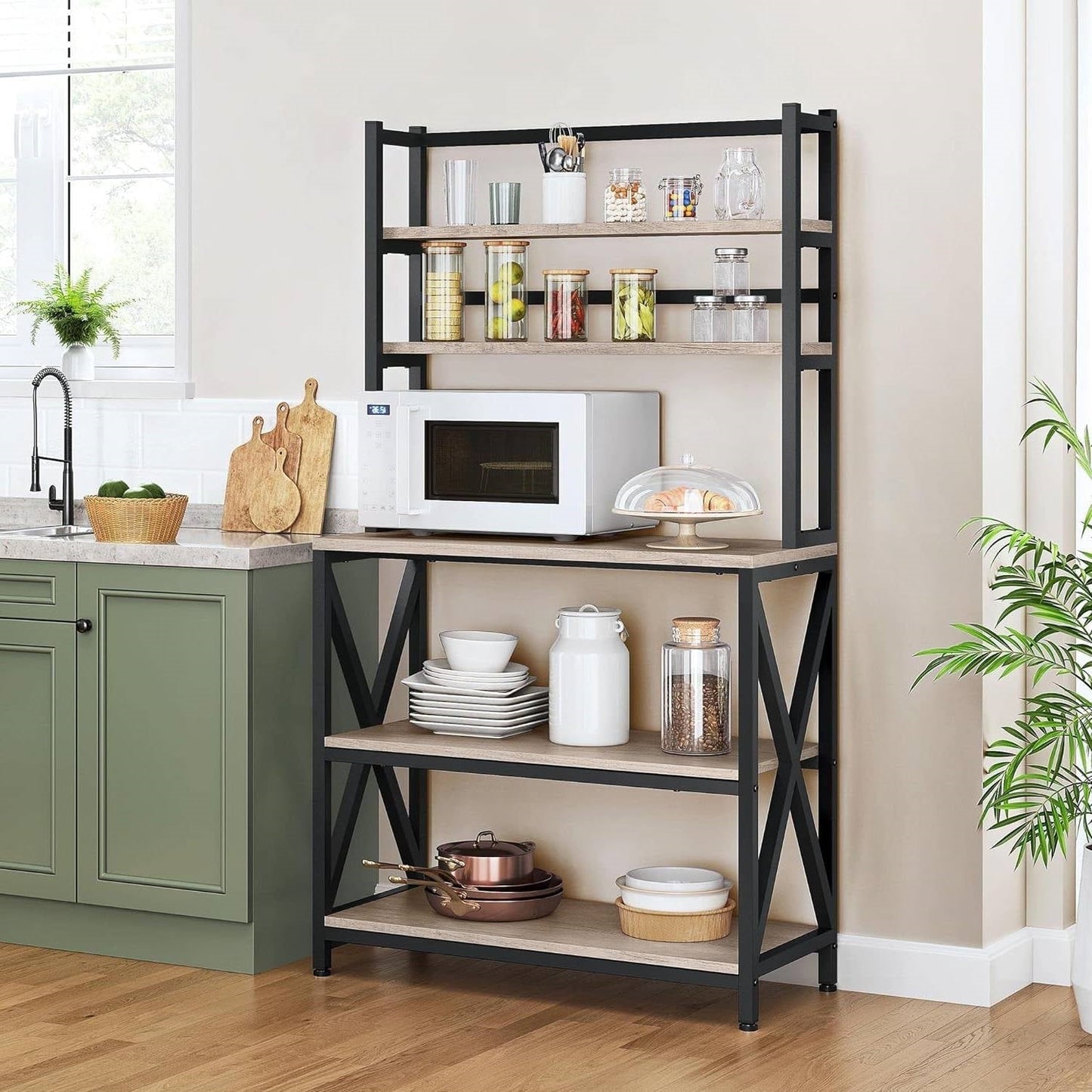 Modern Black Metal Grey Wood Bakers Rack Microwave Stand Kitchen Shelving Unit LuxuryLifeWay Online Store