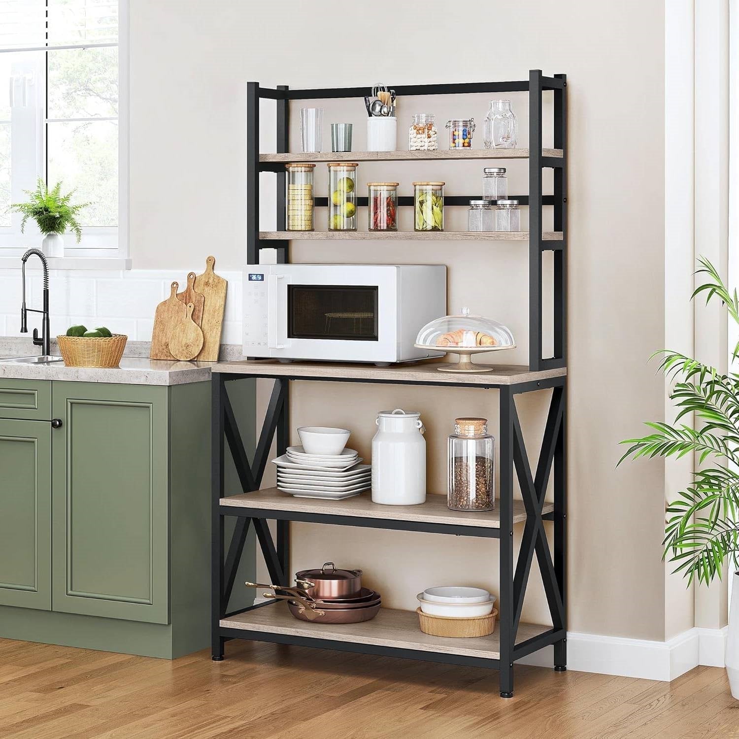 Modern Black Metal Grey Wood Bakers Rack Microwave Stand Kitchen Shelving Unit LuxuryLifeWay Online Store