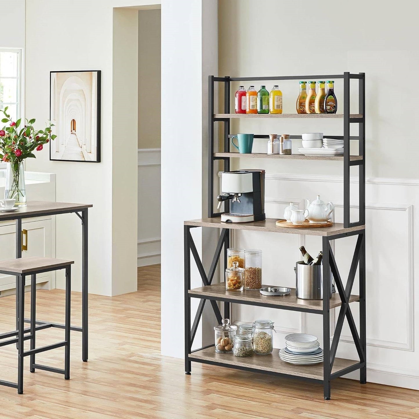 Modern Black Metal Grey Wood Bakers Rack Microwave Stand Kitchen Shelving Unit LuxuryLifeWay Online Store