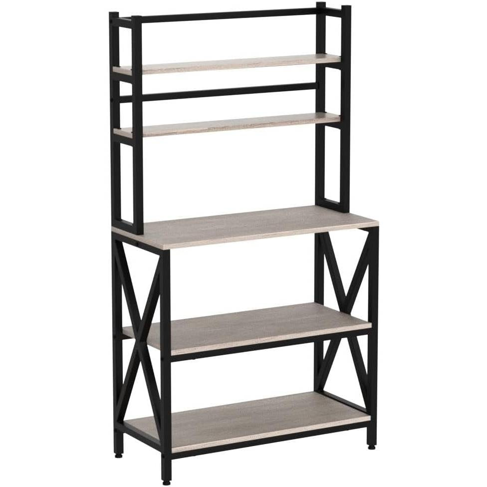 Modern Black Metal Grey Wood Bakers Rack Microwave Stand Kitchen Shelving Unit LuxuryLifeWay Online Store