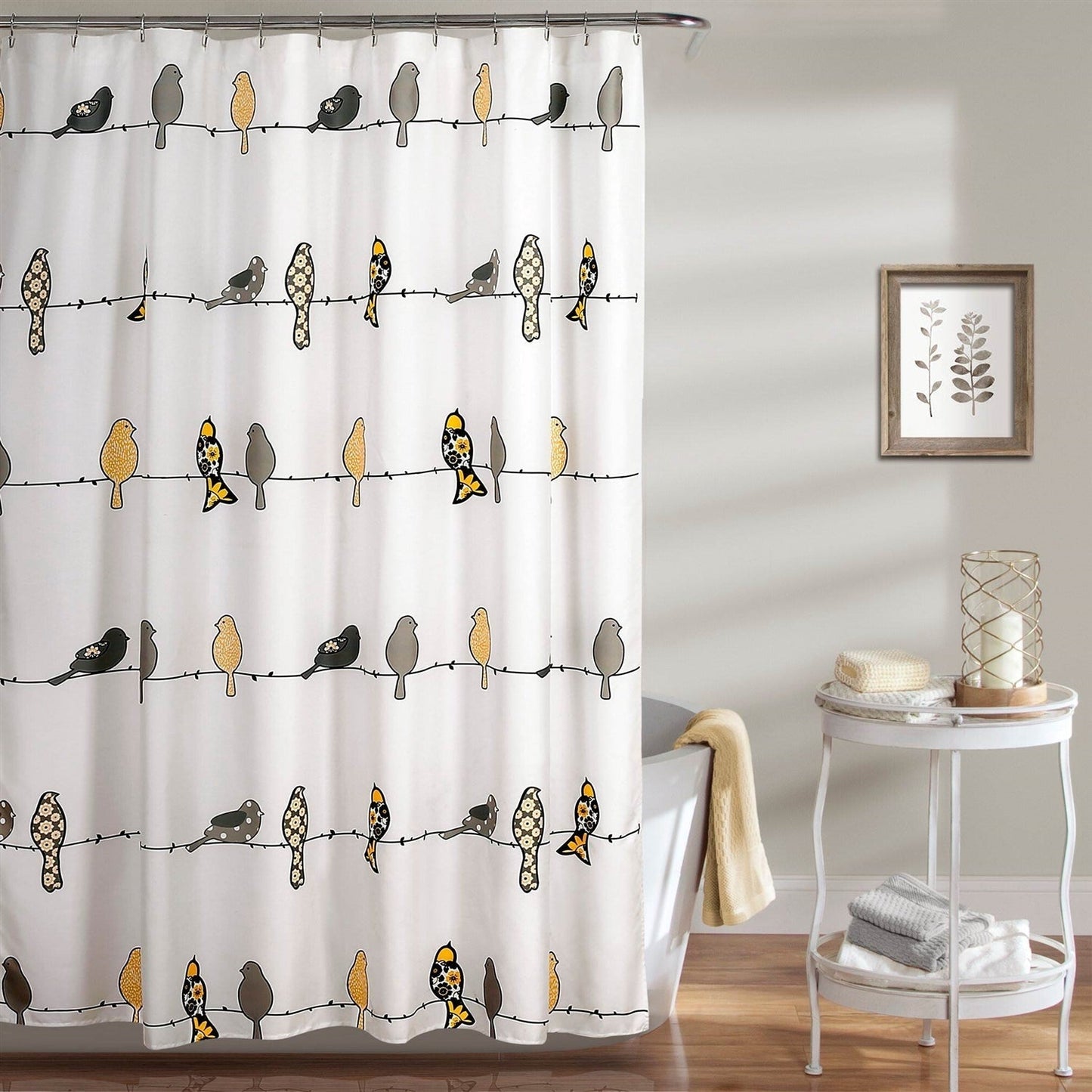 72 x 72 inch Yellow Grey Birds Floral Polyester Machine-Washable Shower Curtain LuxuryLifeWay Online Store