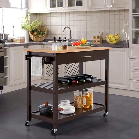 Black Kitchen Island Cart with Wood Top 2-Shelves Drawer and Locking Wheels LuxuryLifeWay Online Store