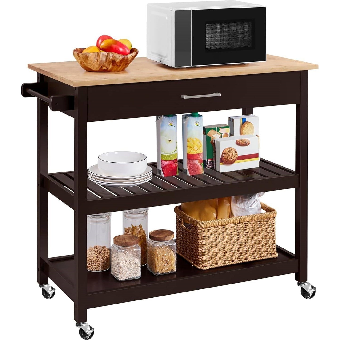 Black Kitchen Island Cart with Wood Top 2-Shelves Drawer and Locking Wheels LuxuryLifeWay Online Store