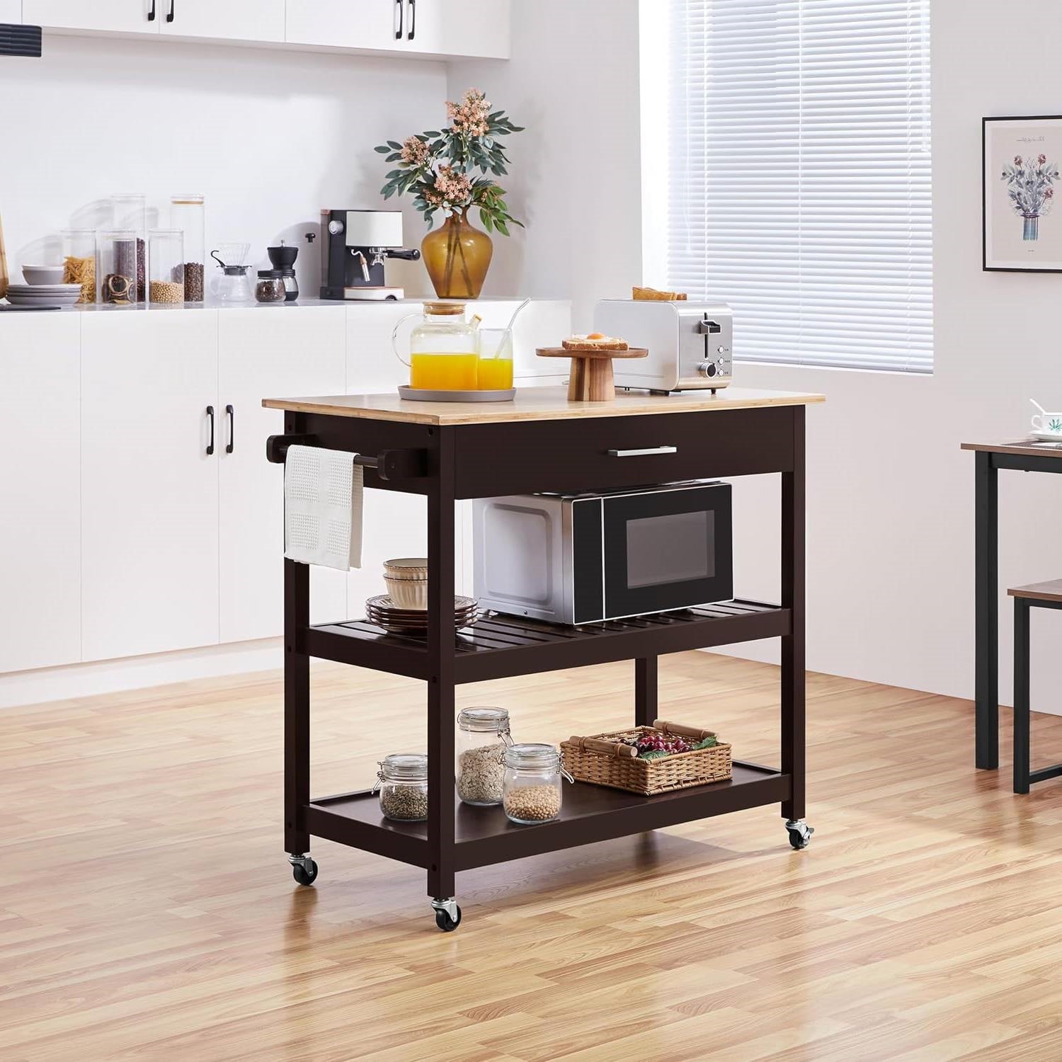 Black Kitchen Island Cart with Wood Top 2-Shelves Drawer and Locking Wheels LuxuryLifeWay Online Store